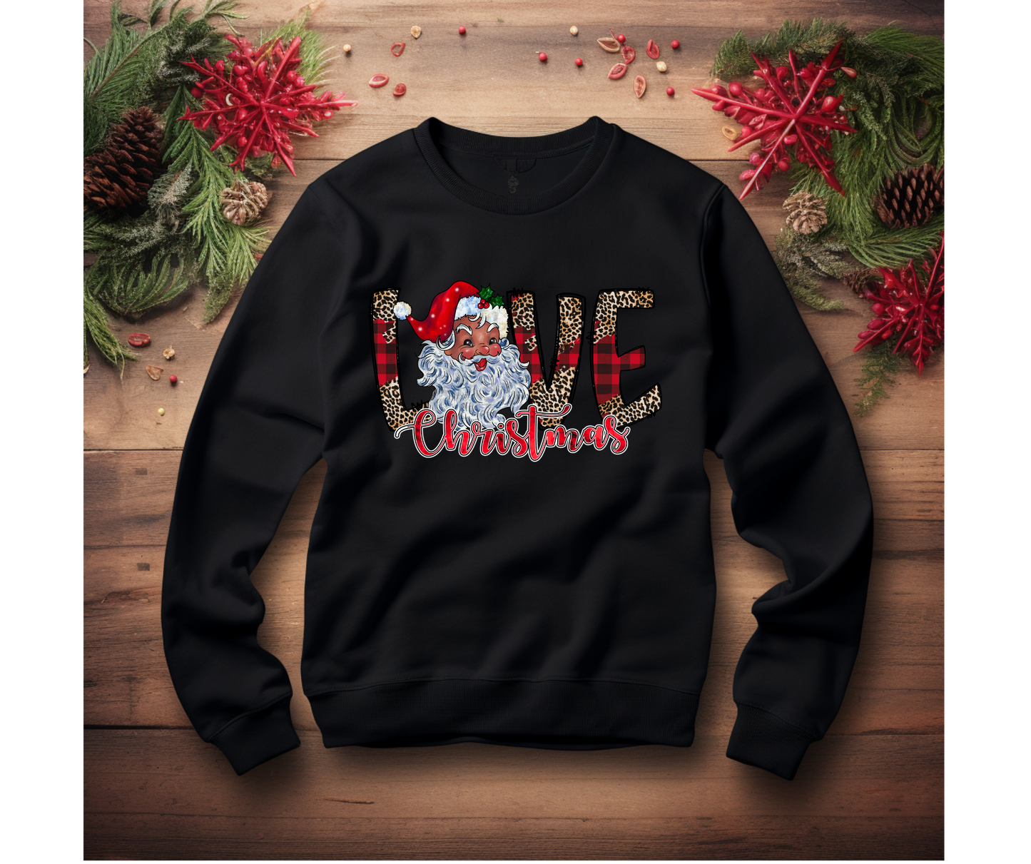 Love Christmas Santas Plaid and Leopard Sweatshirt